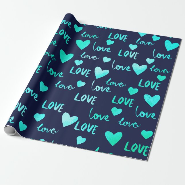 Fancy Heart Ocean Blue Navy Glitter Love Valentine Wrapping Paper (Unrolled)