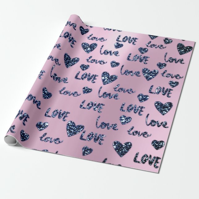 Fancy Heart Pink Blue Navy Glitter Love Valentine Wrapping Paper (Unrolled)