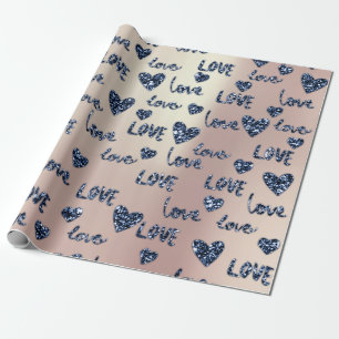 Fancy Hearts Blue Navy Rose Glitter Love Valentine Wrapping Paper