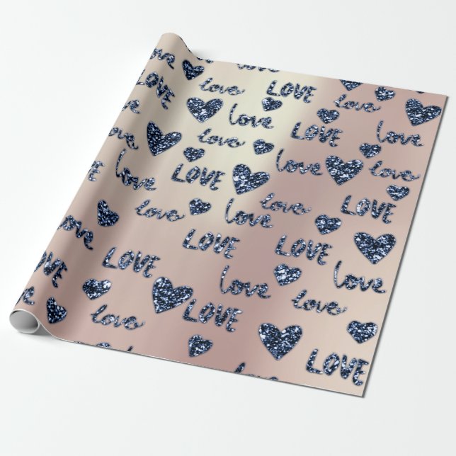 Fancy Hearts Blue Navy Rose Glitter Love Valentine Wrapping Paper (Unrolled)