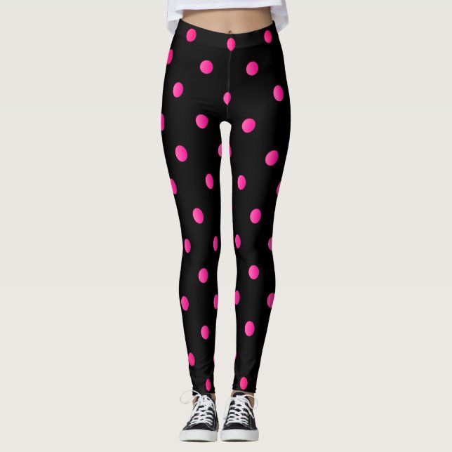 Fancy Hot Pink and Black Retro Polka Dot Leggings (Front)