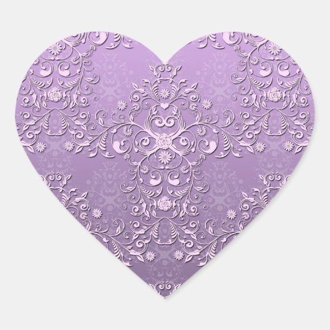 Fancy Lavender and Purple Two Tone Damask Heart Sticker (Front)