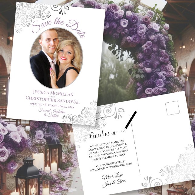 Fancy Lavender & White Wedding Save the Date Photo Announcement Postcard (Front/Back)