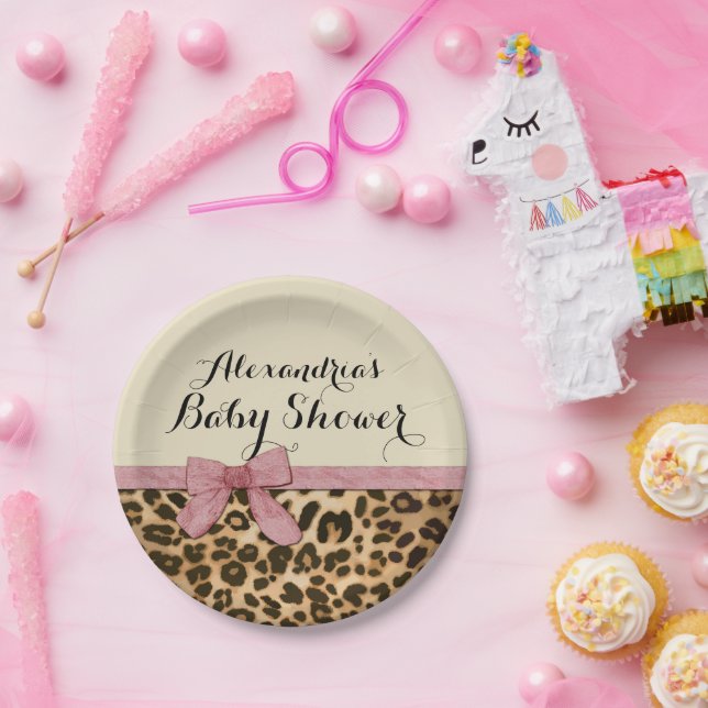 Fancy Leopard Pink Bow Girl Baby Shower Paper Plate (Party)