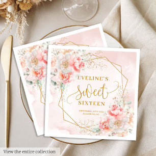 Fancy Light Pink Gold Flowers Sweet 16 Birthday   Napkin