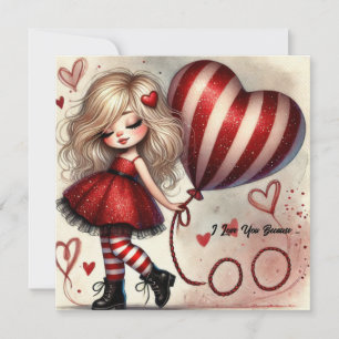 Fancy Little cartoon Valentine girl with balloon Holiday Card
