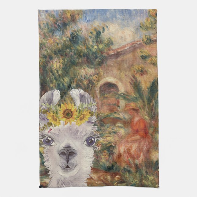 Fancy Llama and Renoir's Farmhouse    Tea Towel (Vertical)