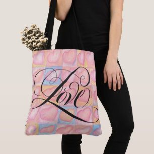 Fancy LOVE Calligraphy Script Lettering Pink Heart Tote Bag