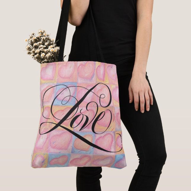 Fancy LOVE Calligraphy Script Lettering Pink Heart Tote Bag (Close Up)