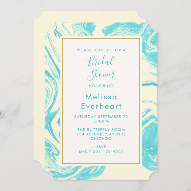 Fancy Marble Design in Turquoise and Cream Bridal Invitation (Front/Back)