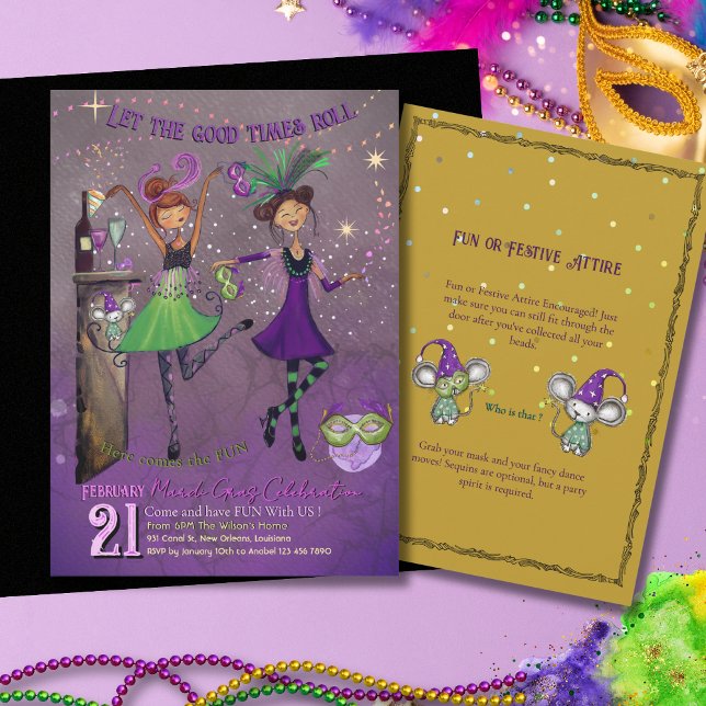 Fancy Mardi Gras Dancing Girls Party Purple Invitation (Fancy Mardi Gras Dancing Girls Party Purple Invitation)