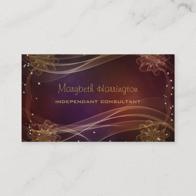 Fancy Maroon Background with Wispy Gold Accents Business Card (Front)