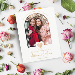 Fancy Matron of Honor Pink Heart Photo Proposal Postcard