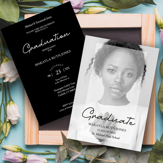 Fancy Minimalist Black & White Photo Graduation Invitation (Creator Uploaded)