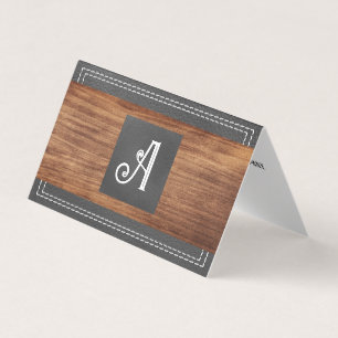 Fancy Monogram Double Stitched Leather Wood B Business Card