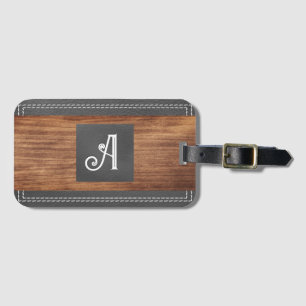 Fancy Monogram Double Stitched Leather Wood B Luggage Tag