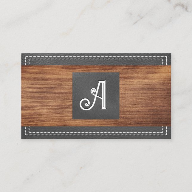 Fancy Monogram | Double Stitched Leather | Wood  Business Card (Front)