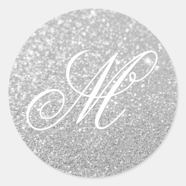 Fancy Monogram Faux Pastel Bokeh Silver Glitter Classic Round Sticker (Front)