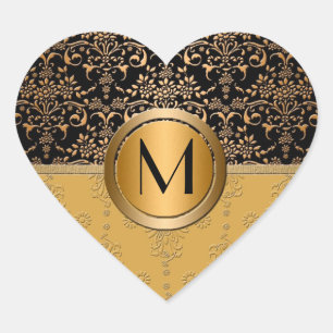 Fancy Monogram Gold and Black Damask Design Heart Sticker