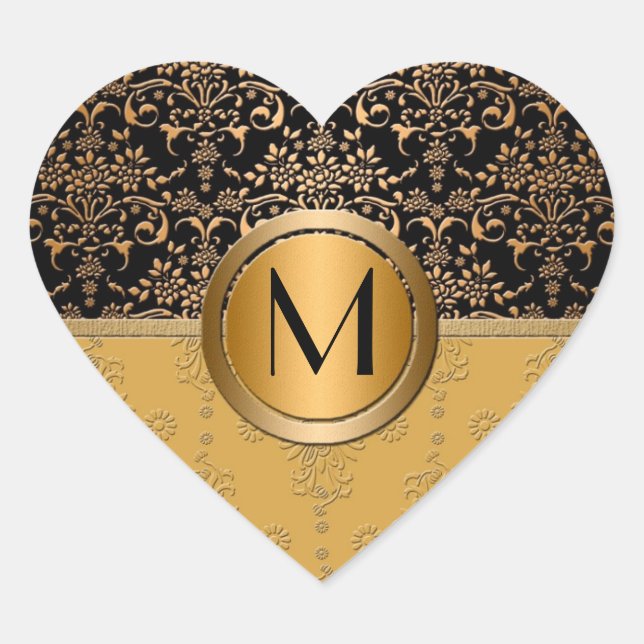Fancy Monogram Gold and Black Damask Design Heart Sticker (Front)