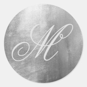 Fancy Monogram Shiny Faux Silver Grey Foil Classic Round Sticker