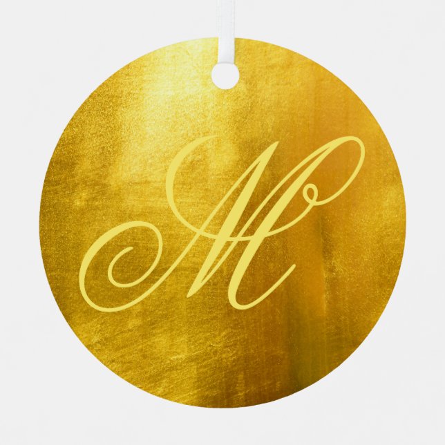Fancy Monogram Shiny Faux Yellow Gold Foil Metal Tree Decoration (Front)