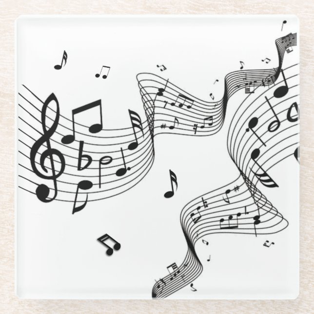 Fancy Music Notes on White Glass Coaster (Front)