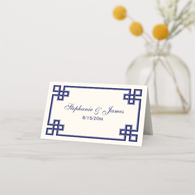 Fancy Navy Blue Greek Key Frame Escort Cards Ivory (Front)