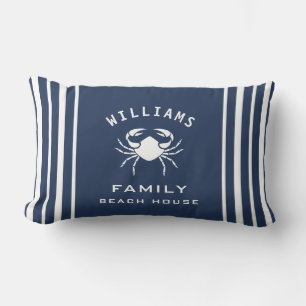 Fancy Navy Blue White Crab Family Name Beach House Lumbar Cushion
