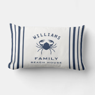 Fancy Navy Blue White Family Name Beach House Crab Lumbar Cushion