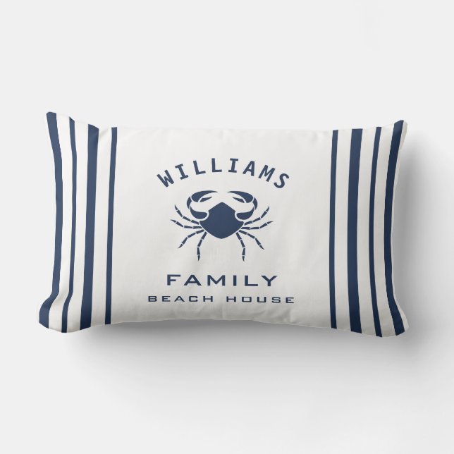 Fancy Navy Blue White Family Name Beach House Crab Lumbar Cushion (Front)