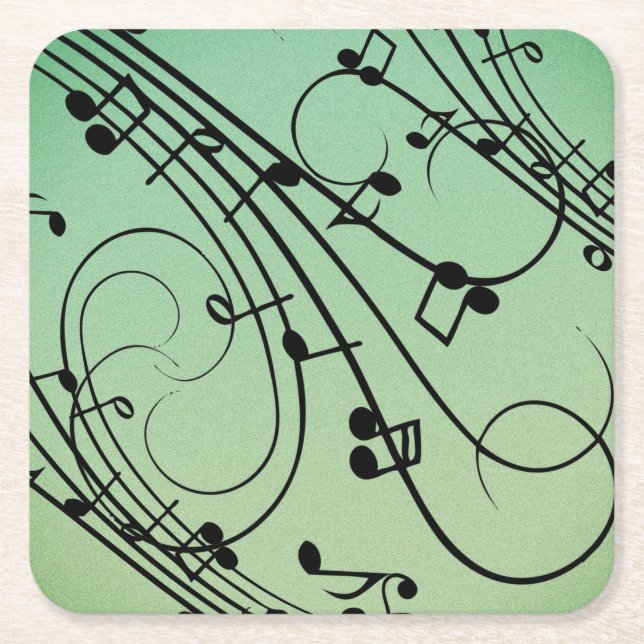 Fancy Notes Green Music Design Square Paper Coaster (Front)