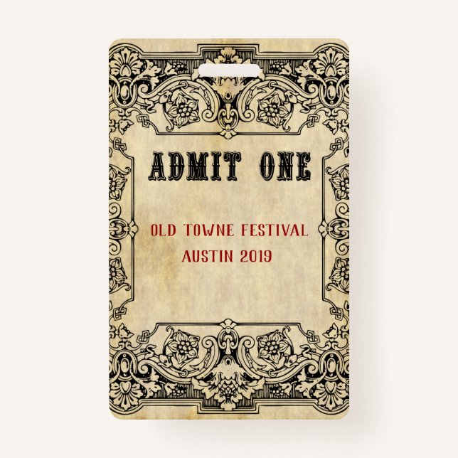 Fancy Old Fashioned Ticket Schedule ID Badge (Front)