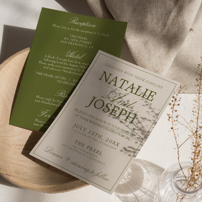 Fancy Olive Green Old Money All In One Wedding  Invitation (Creator Uploaded)