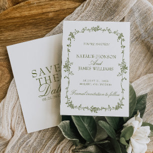 Fancy Olive Green White Floral Old Money Wedding Save The Date