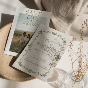 Fancy Olive Green White Floral Old Photo Wedding Save The Date