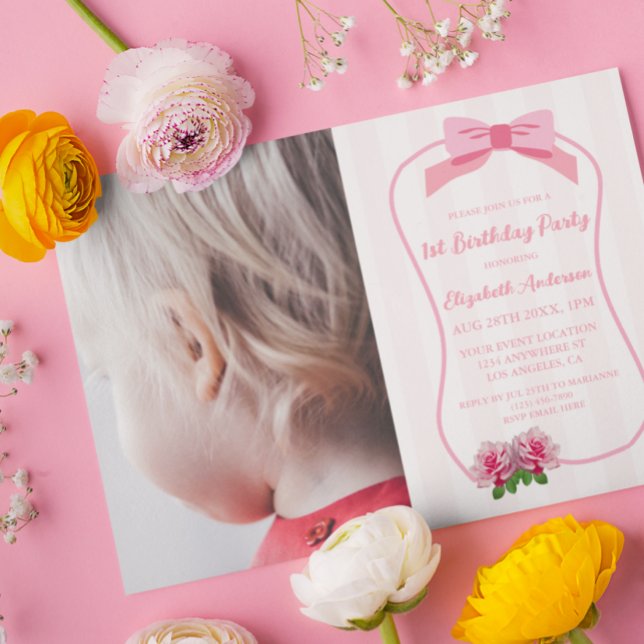 Fancy One Bow Floral 1st Birthday Invitation (Creator Uploaded)