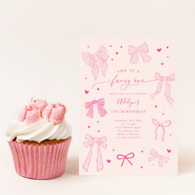 Fancy ONE Coquette Bow Pink Birthday Party Invitation (Creator Uploaded)