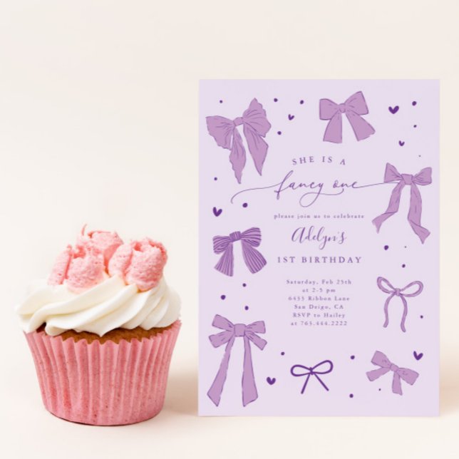 Fancy ONE Coquette Bow Purple Birthday Party Invitation (Creator Uploaded)