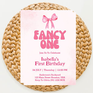 Fancy One Pink Bow Coquette Girl 1st Birthday  Invitation