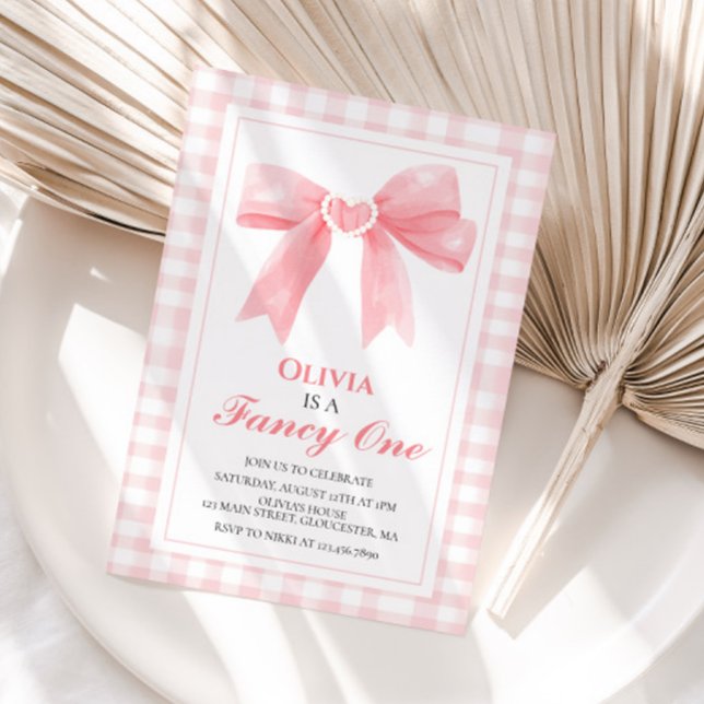 Fancy One Pink Bow preppy Coquette 1st birthday Invitation (Creator Uploaded)