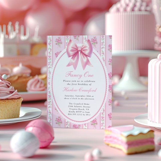Fancy One Pink Coquette Bow Birthday Party Invitation (Fancy One Girls First Birthday Party Invitation )