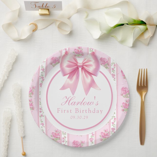 Fancy One Pink Coquette Bow First Birthday  Paper Plate (Wedding)