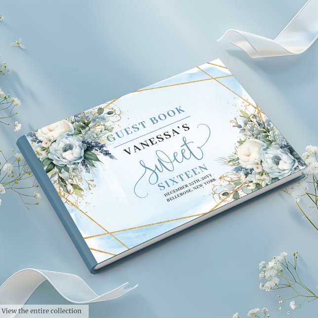 Fancy Pastel Blue White Gold Floral Sweet Sixteen  Guest Book (Fancy Pastel Blue White Gold Floral Sweet Sixteen Guest Book)