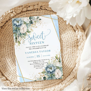 Fancy Pastel Blue White Gold Floral Sweet Sixteen Invitation
