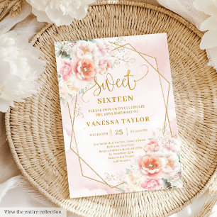Fancy Pastel Pink Sage Gold Floral Sweet 16 Invite