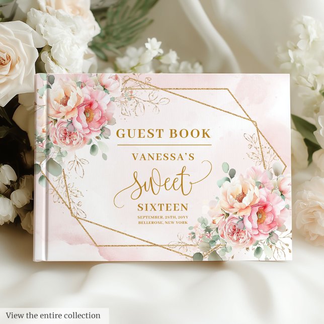 Fancy Pastel Pink Sage Gold Floral Sweet Sixteen  Guest Book (Fancy Pastel Pink Sage Gold Floral Sweet Sixteen Guest Book)
