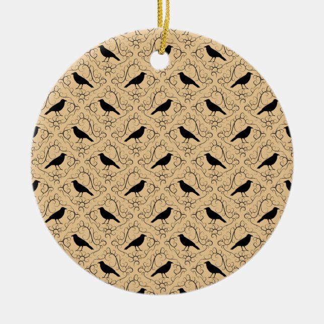 Fancy Pattern with Crows. Black and Beige. Ceramic Tree Decoration (Front)