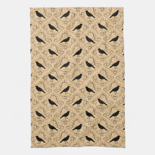 Fancy Pattern with Crows. Black and Beige. Tea Towel
