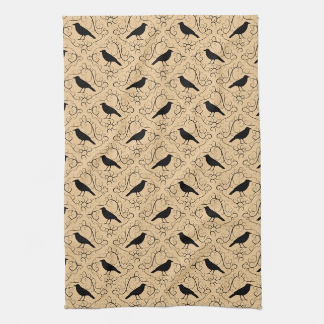 Fancy Pattern with Crows. Black and Beige. Tea Towel (Vertical)